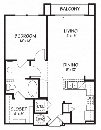 Floor plan for 1 bed, 1 bath, 732 sqft